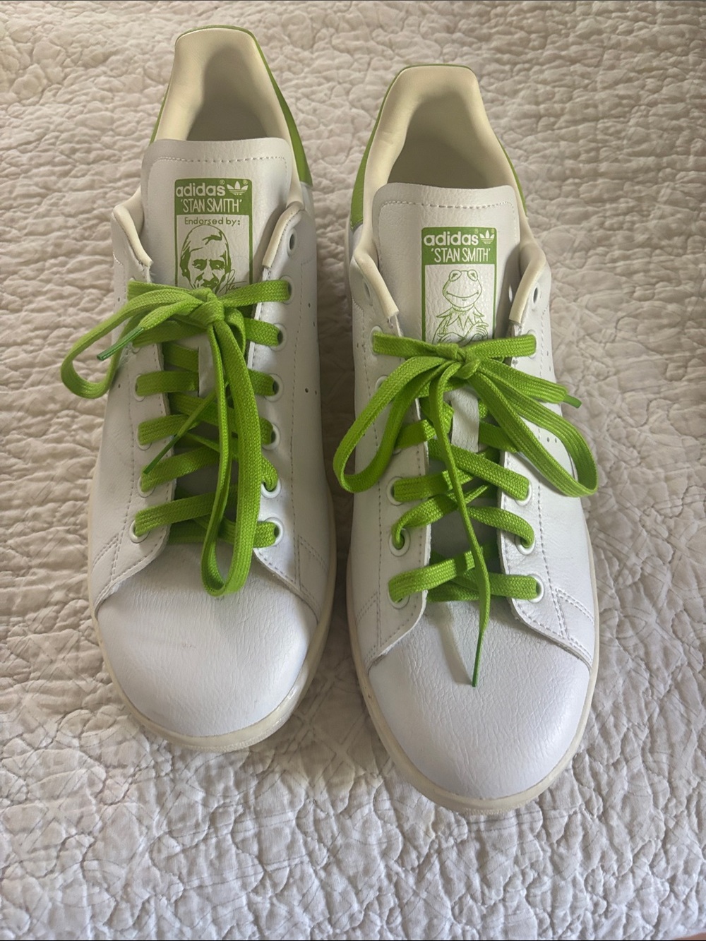 adidas White Sneakers with Bright Green Laces and Heel Tab